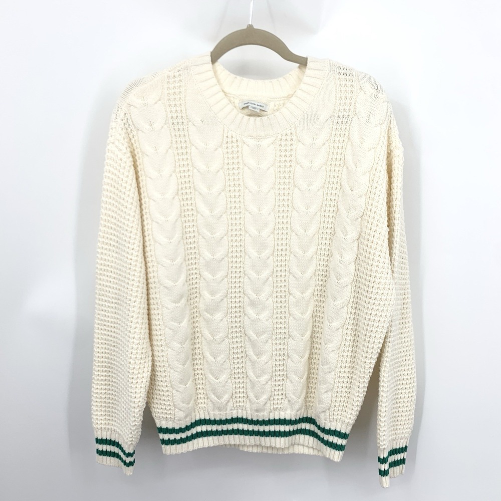 American Eagle Women Size‎ Large Sweater Crewneck Top Cream White Green Knit